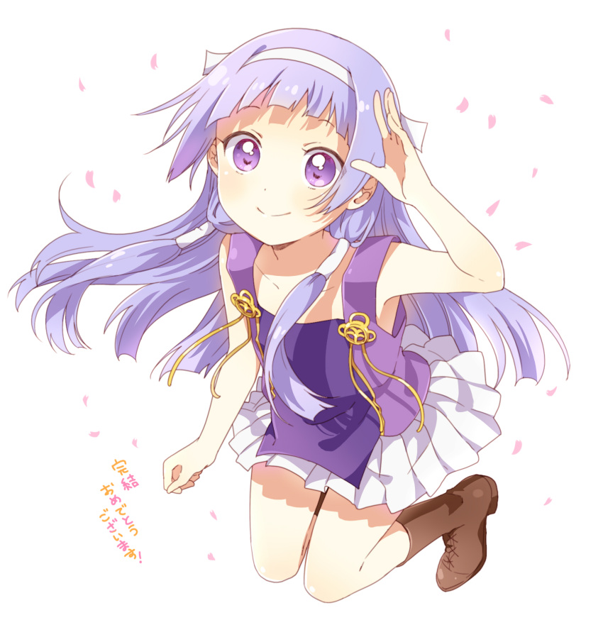 1girl, bangs, blue_hair, blunt_bangs, boots, brown_boots, commentary, flat_chest, hair_tubes, hairband, highres, kannagi, long_hair, nagi, namori, namori_(style), pleated_skirt, skirt, sleeveless, smile, solo, translated, violet_eyes, white_skirt