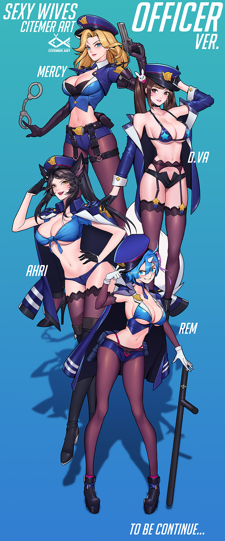 4girls, ahri, alternate_costume, alternate_hairstyle, animal_ears, artist_name, baton, belt