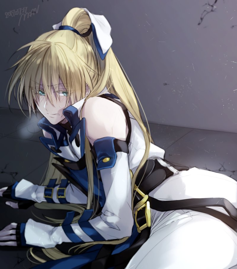 1boy, bare_shoulders, blonde_hair, bruise, bruise_on_face, green_eyes, guilty_gear, guilty_gear_2