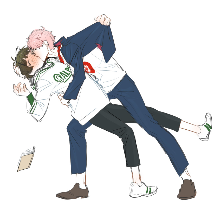 2boys, akizuki_ryou, aniki_(chaji1129), blush, brown_hair, dipping, full-face_blush, full_body