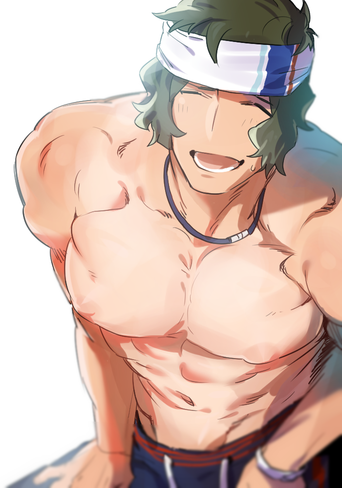 1boy, :d, alternate_costume, aniki_(chaji1129), blurry, brown_hair, closed_eyes, collarbone