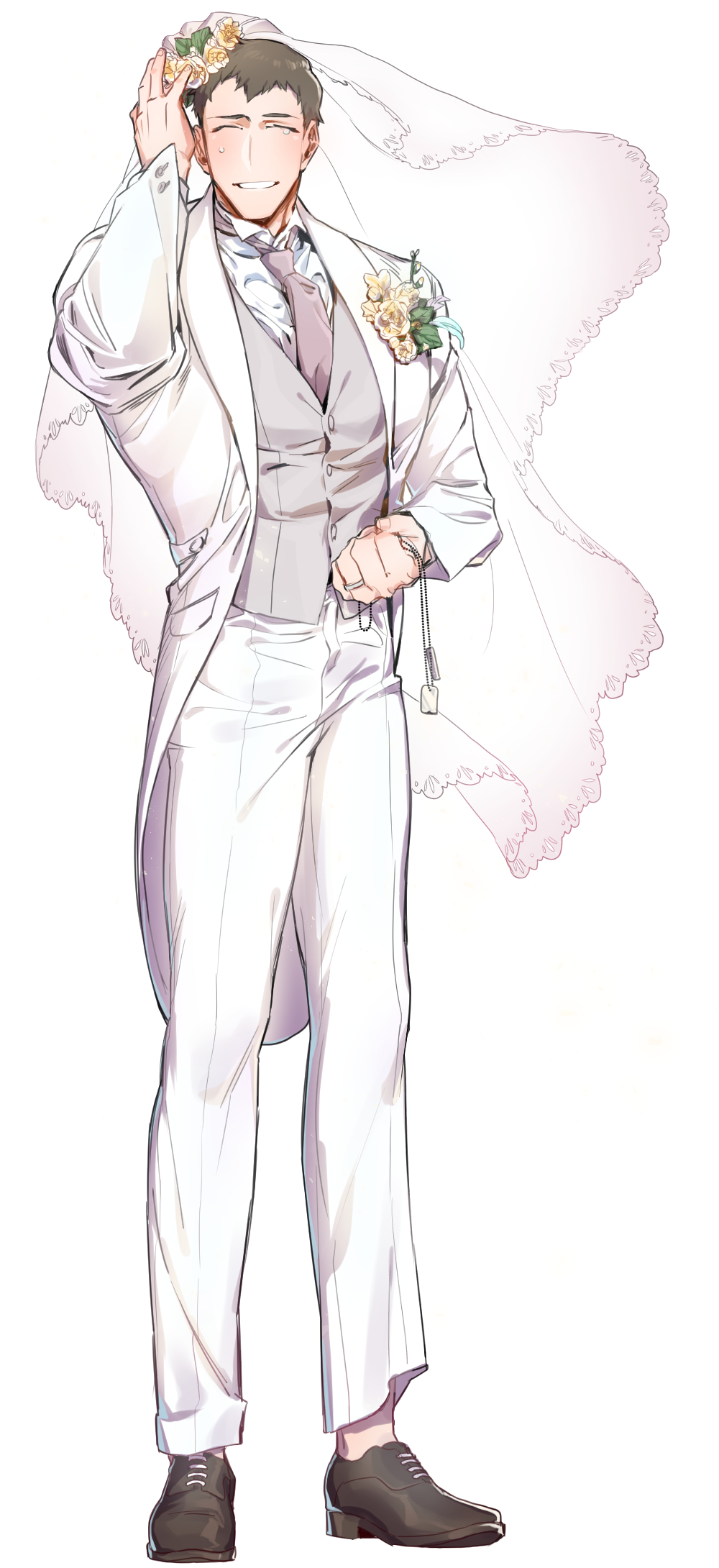 1boy, aniki_(chaji1129), brown_hair, chains, closed_eyes, dog_tags, flower, formal