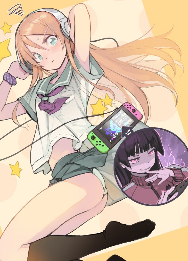 2girls, angry, aqua_eyes, ass, aura, blush, game_console, gokou_ruri