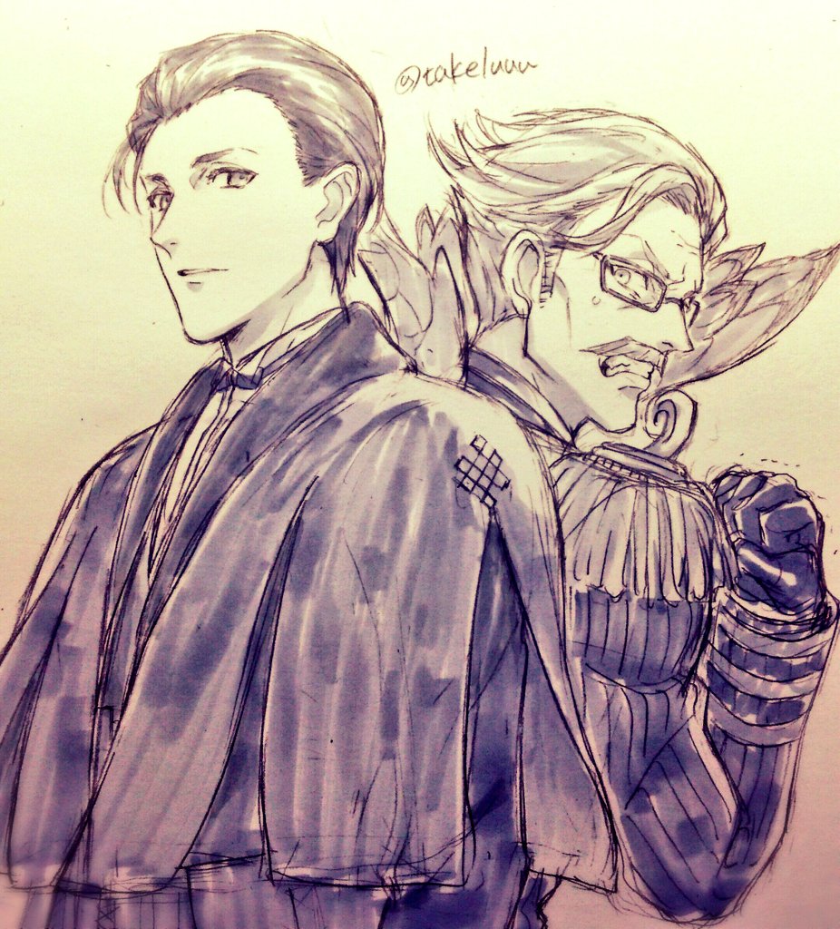 2boys, bow, bowtie, epaulettes, facial_hair, fate/grand_order, fate_(series), fist_shaking, glasses, james_moriarty_(fate/grand_order), multiple_boys, mustache, sherlock_holmes_(fate/grand_order), takeluuu, traditional_media, trench_coat, twitter_username