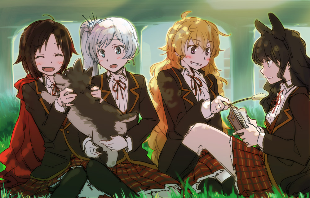4girls, ^_^, black_hair, blake_belladonna, blonde_hair, blue_eyes, blush, bow, cat_teaser, closed_eyes, dog, grass, hair_bow, kneehighs, knees_together_feet_apart, long_hair, multiple_girls, pantyhose, plaid, plaid_skirt, ruby_rose, rwby, scar, scar_across_eye, school_uniform, side_ponytail, silver_hair, sitting, skirt, tsuta_no_ha, wariza, weiss_schnee, white_hair, yang_xiao_long, zwei_(rwby)