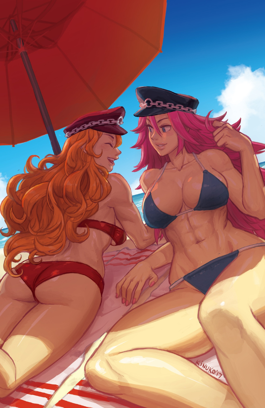 2girls, abs, absurdres, ass, beach, beach_towel, beach_umbrella, bikini