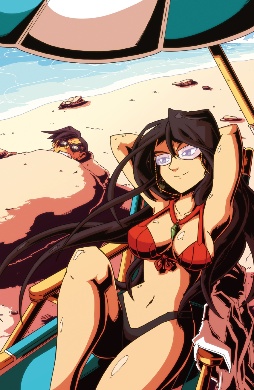 1boy, 1girl, absurdres, beach, beach_chair, between_breasts, black-framed_eyewear, black_hair