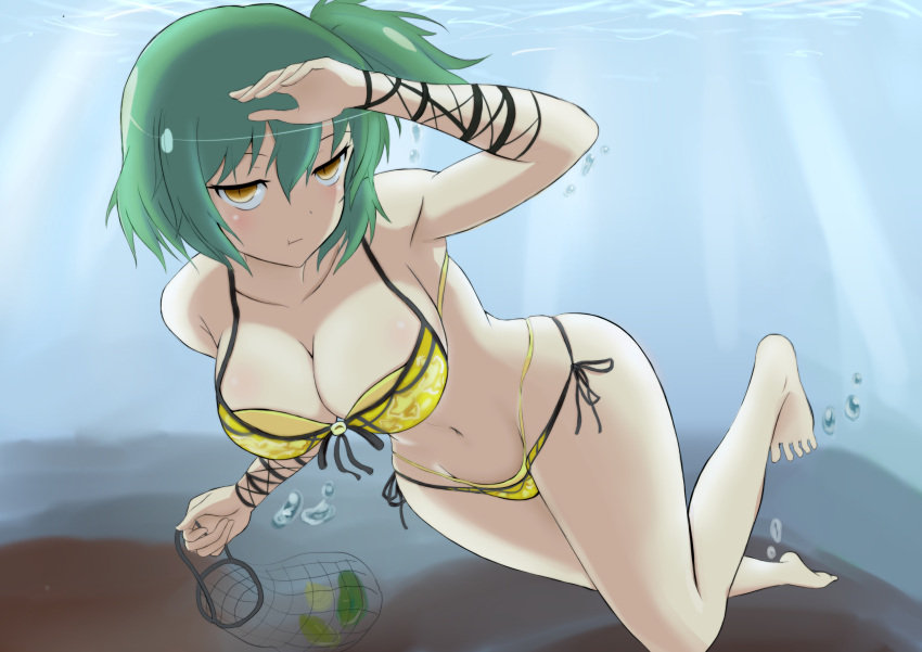 1girl, :t, absurdres, bikini, breasts, collarbone, fishnets, full_body, furiruno, green_hair, groin, hair_between_eyes, highres, hikage_(senran_kagura), jitome, large_breasts, looking_at_viewer, navel, one_side_up, senran_kagura, senran_kagura_(series), short_hair, side-tie_bikini, slit_pupils, solo, stomach, swimsuit, tattoo, underwater, yellow_bikini, yellow_eyes