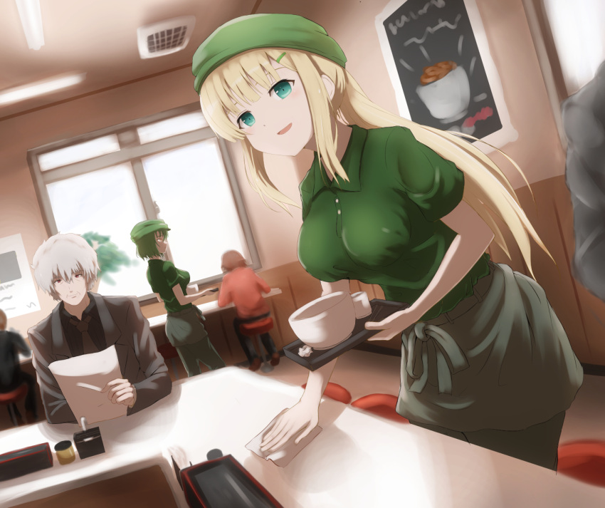 1boy, 2girls, alternate_costume, aqua_eyes, bangs, black_necktie, black_skirt, blonde_hair