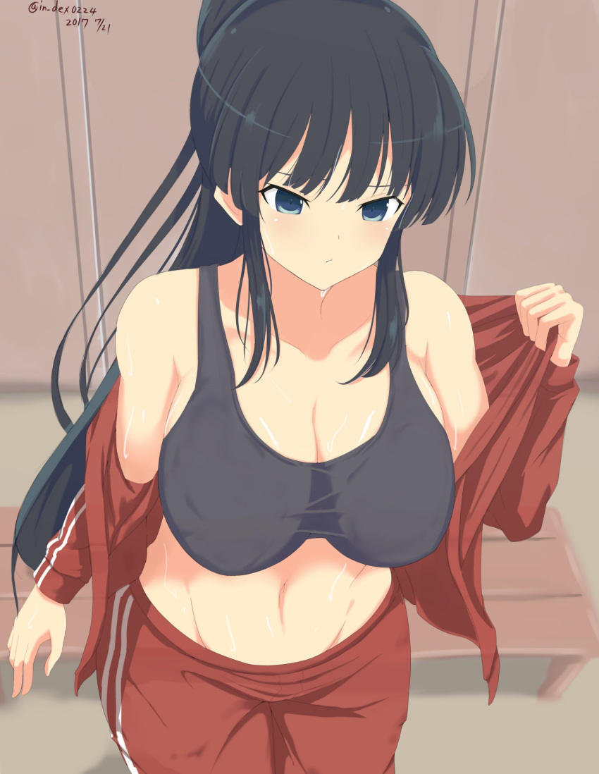 1girl, :/, alternate_hairstyle, bangs, bare_shoulders, black_eyes, black_hair, blush