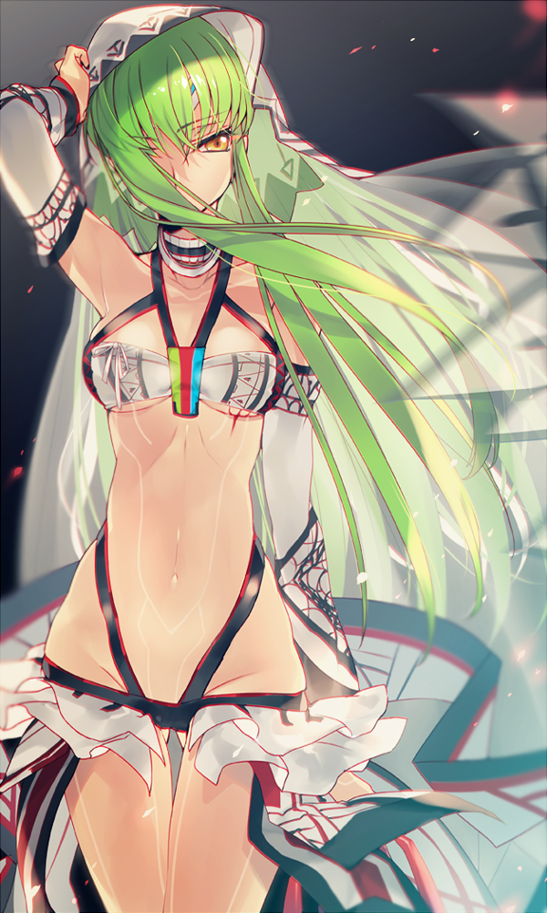 1girl, altera_(fate), altera_(fate)_(cosplay), arm_up, armpits, bandeau, breasts, brown_eyes, c.c., choker, code_geass, collarbone, cosplay, cowboy_shot, creayus, detached_sleeves, eyebrows_visible_through_hair, fate/grand_order, fate_(series), gluteal_fold, green_hair, hair_ornament, hair_over_one_eye, long_hair, medium_breasts, navel, sidelocks, solo, tattoo, thigh_gap, veil, wind