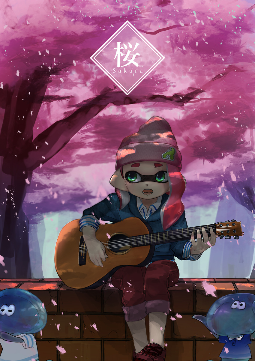 1girl, beanie, blue_shirt, blue_sweater, brick_wall, casual, cherry_blossoms, collared_shirt