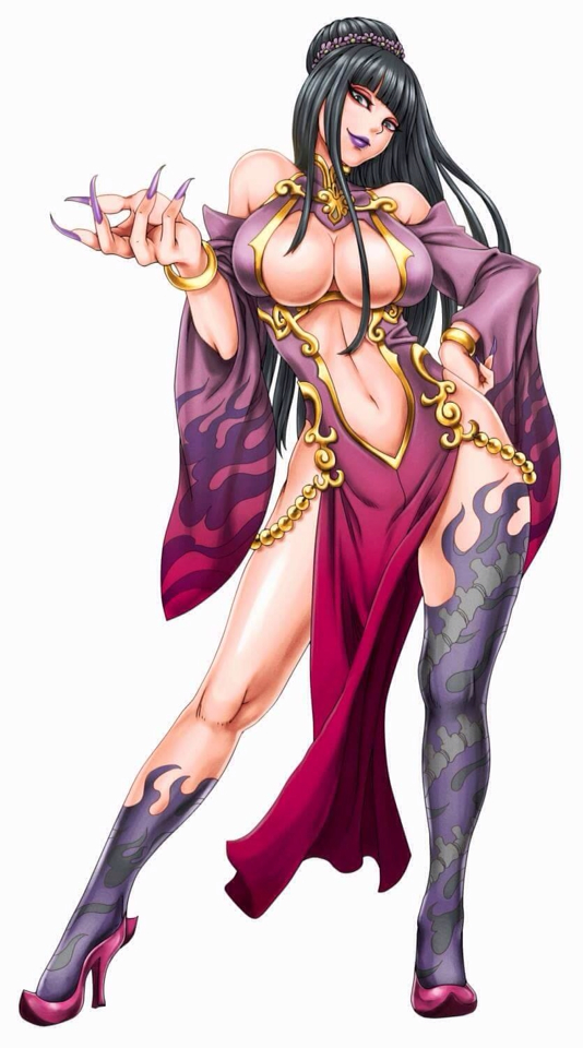 1girl, bangs, bare_shoulders, black_hair, blunt_bangs, bracelet, breasts, center_opening, closed_mouth, contrapposto, detached_sleeves, dress, fingernails, flower, full_body, fuuun_ishin_dai_shogun, hair_bun, hair_flower, hair_ornament, hand_on_hip, high_heels, houkouin, huge_breasts, jewelry, large_breasts, lipstick, long_fingernails, long_hair, long_sleeves, looking_at_viewer, makeup, nail_polish, navel, official_art, pelvic_curtain, purple_dress, purple_lipstick, purple_nails, revealing_clothes, smile, solo, standing, stomach, tattoo, violet_eyes, wide_sleeves