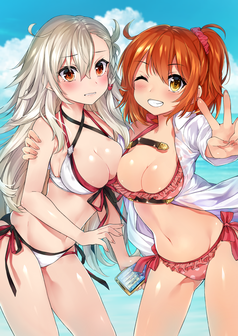 2girls, blush, breasts, brown_eyes, character_request, cleavage, eyebrows_visible_through_hair, fate/grand_order