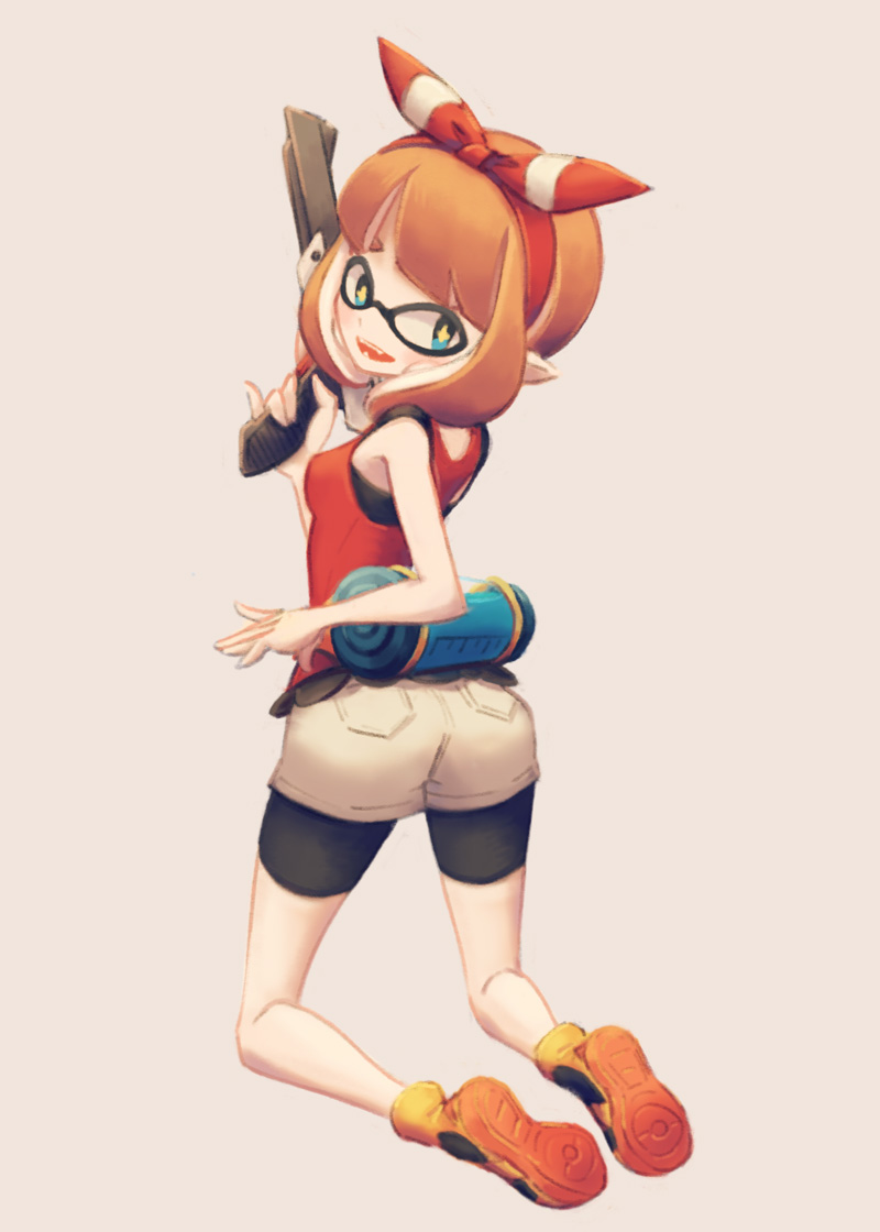1girl, allen_(makaroll), bangs, bike_shorts, bike_shorts_under_shorts, blunt_bangs, brown_hair, cosplay, domino_mask, from_behind, full_body, hair_ribbon, haruka_(pokemon), haruka_(pokemon)_(remake), haruka_(pokemon)_(remake)_(cosplay), ink_tank_(splatoon), inkling, kneeling, long_hair, mask, open_mouth, pointy_ears, pokemon, pokemon_(game), pokemon_oras, ribbon, shoes, short_shorts, shorts, sleeveless, sneakers, splatoon, splattershot_(splatoon), tentacle_hair, water_gun