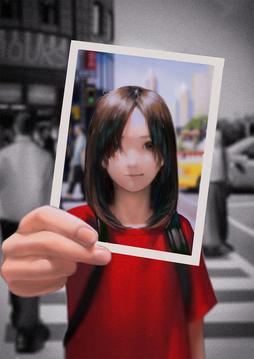 1girl, backpack, bag, brown_eyes, brown_hair, city, covering_face, crosswalk
