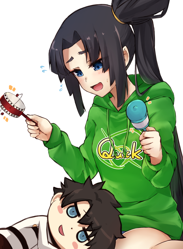 1boy, 1girl, :d, black_hair, blue_eyes, fate/grand_order, fate_(series), flying_sweatdrops