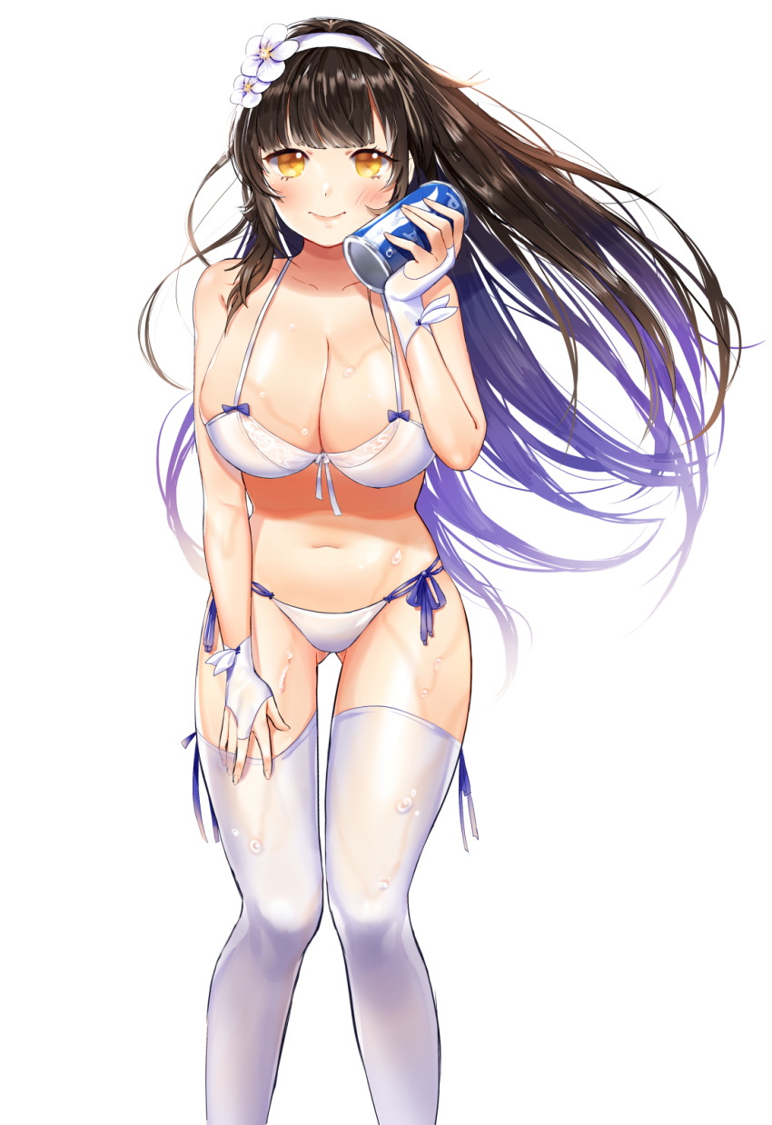 1girl, bikini, black_hair, blush, breasts, can, cleavage, closed_mouth, collarbone, flower, girls_frontline, hair_flower, hair_ornament, hairband, highres, holding_soda_can, large_breasts, leaning_forward, long_hair, looking_at_viewer, qbz-95_(girls_frontline), shorarung, side-tie_bikini, smile, soda_can, solo, standing, swimsuit, thigh-highs, wet, white_bikini, white_hairband, white_legwear, yellow_eyes