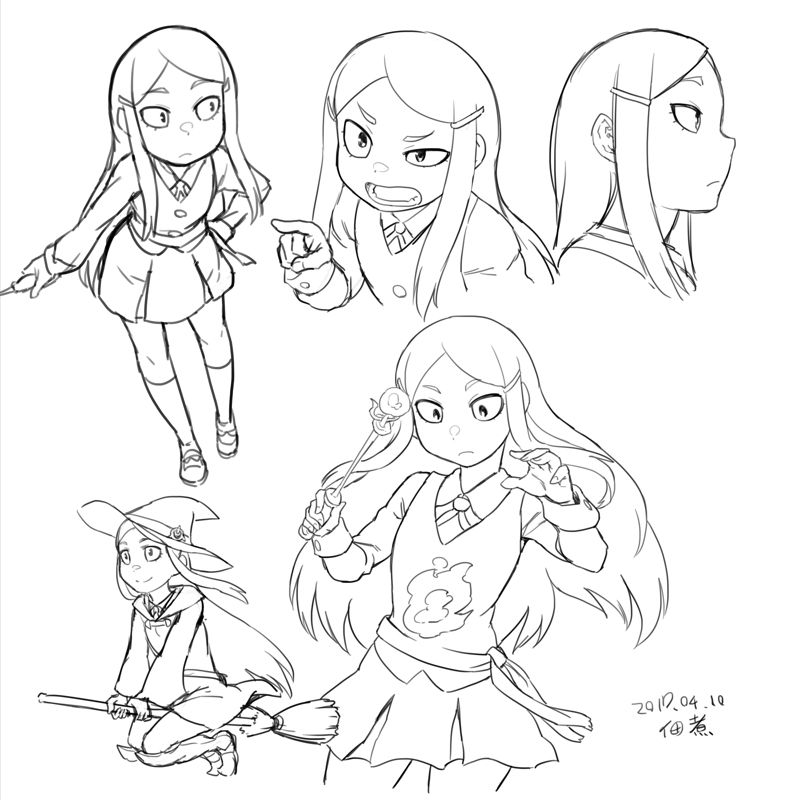 1girl, artist_signature, bangs, broom, broom_riding, closed_mouth, commentary_request, cowboy_shot