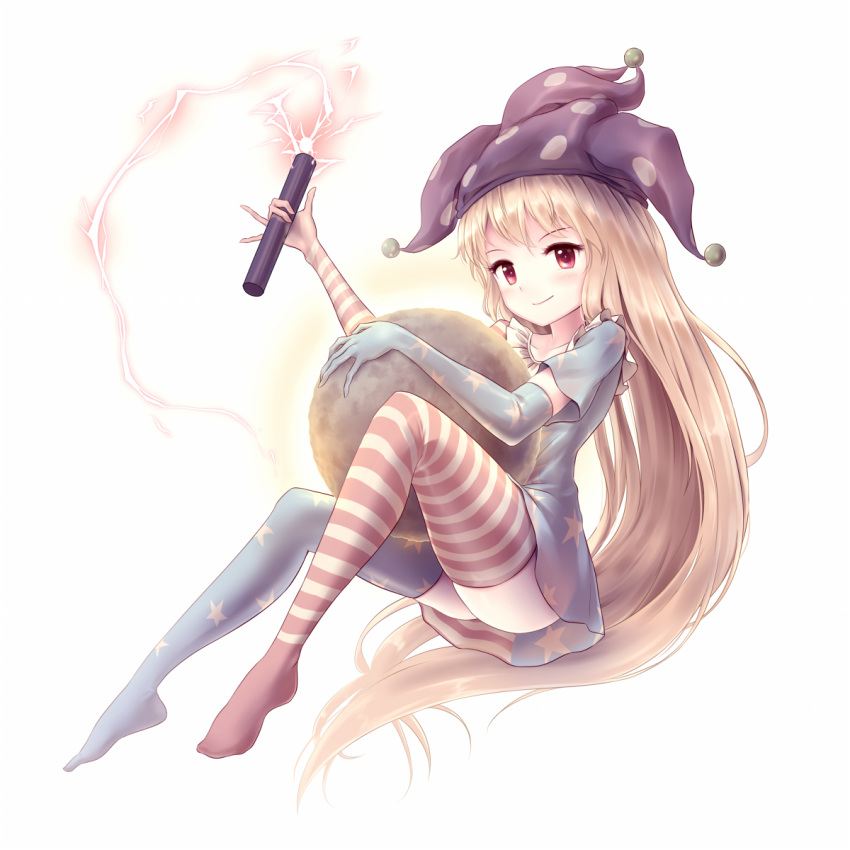 1girl, alternate_legwear, american_flag_dress, american_flag_gloves, american_flag_legwear, blonde_hair, closed_mouth, clownpiece