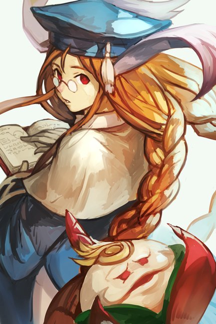 1girl, animal_ears, book, braid, breath_of_fire, breath_of_fire_iii, glasses, gloves, hankuri, hat, long_hair, momo_(breath_of_fire), onion, open_book, orange_hair, peco_(breath_of_fire), rabbit_ears, red_eyes, robe, twin_braids