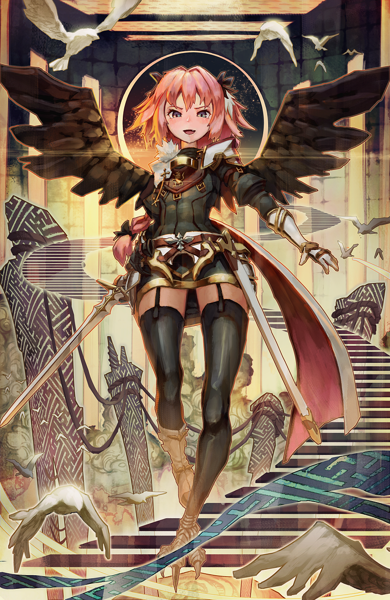 1boy, bird, black_bow, bow, braid, fang, fate/apocrypha, fate/grand_order