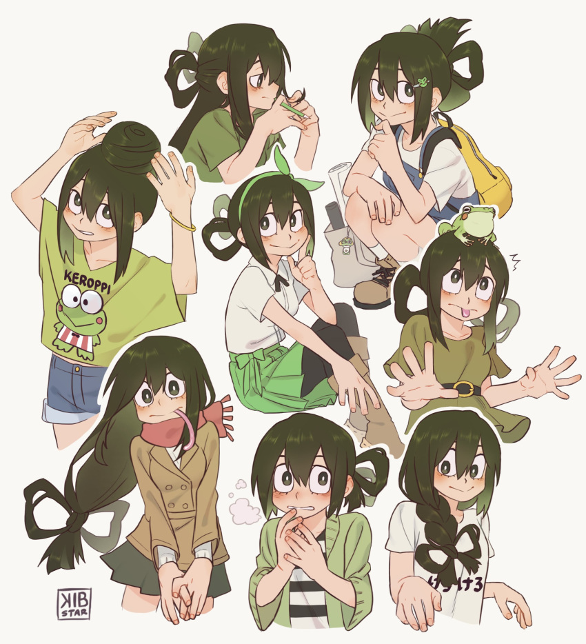 1girl, alternate_costume, alternate_hairstyle, asui_tsuyu, bag, black_eyes, blouse, blush