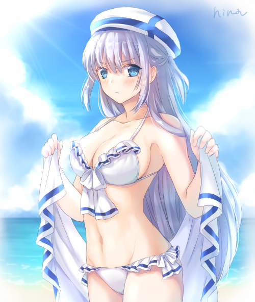 1girl, artist_name, beach, bikini, blue_eyes, blue_sky, breasts, day