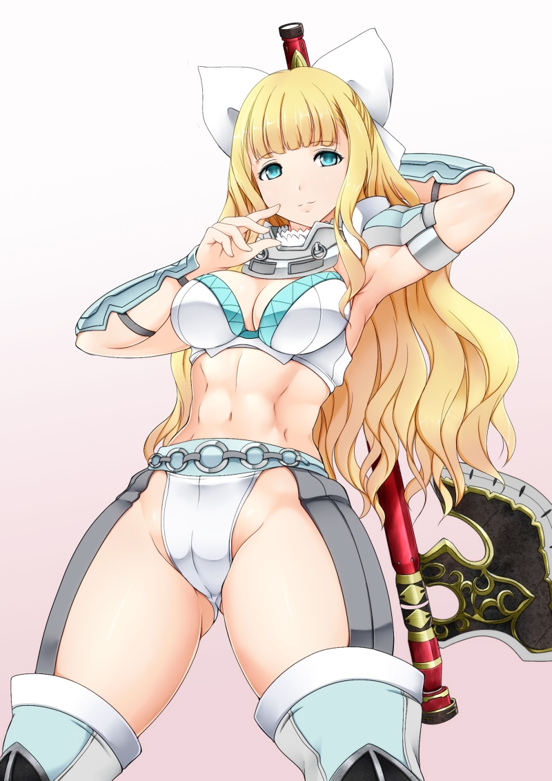 1girl, abs, armor, ashita_yaru, axe, bangs, bikini_armor, blonde_hair