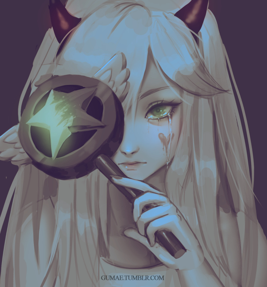 1girl, blonde_hair, crying, facial_mark, green_eyes, heart_cheeks, highres, horns