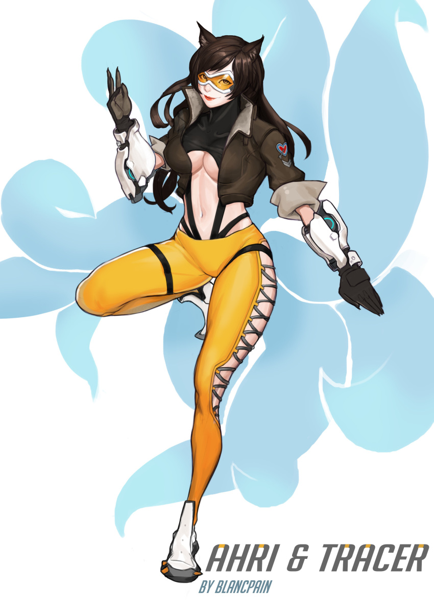 1girl, absurdres, adapted_costume, ahri, animal_ears, artist_name, bodysuit, bomber_jacket