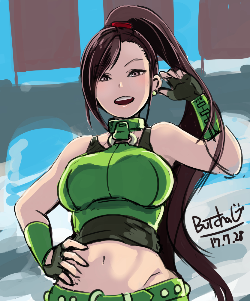 1girl, arm_up, bare_shoulders, belt, breasts, brown_hair, butcha-u, dated, dragon_quest_xi, earrings, fingerless_gloves, gloves, hand_on_hip, jewelry, large_breasts, long_hair, looking_at_viewer, looking_down, martina_(dragon_quest_xi), midriff, navel, ponytail, signature, smile, solo, very_long_hair