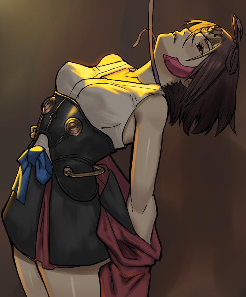 10s, 1girl, armor, bare_shoulders, breasts, brown_eyes, brown_hair, erect_nipples