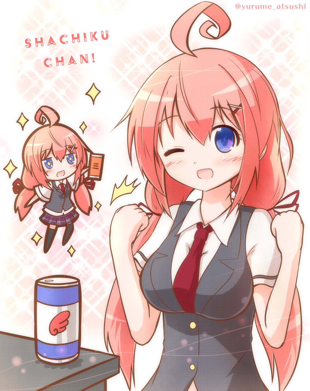 1girl, ahoge, blue_eyes, chibi, hair_ornament, highres, ikinokore!_shachiku-chan, long_hair