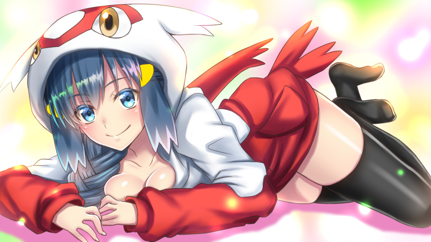1girl, black_hair, black_legwear, blue_eyes, blush, breasts, closed_mouth, collarbone