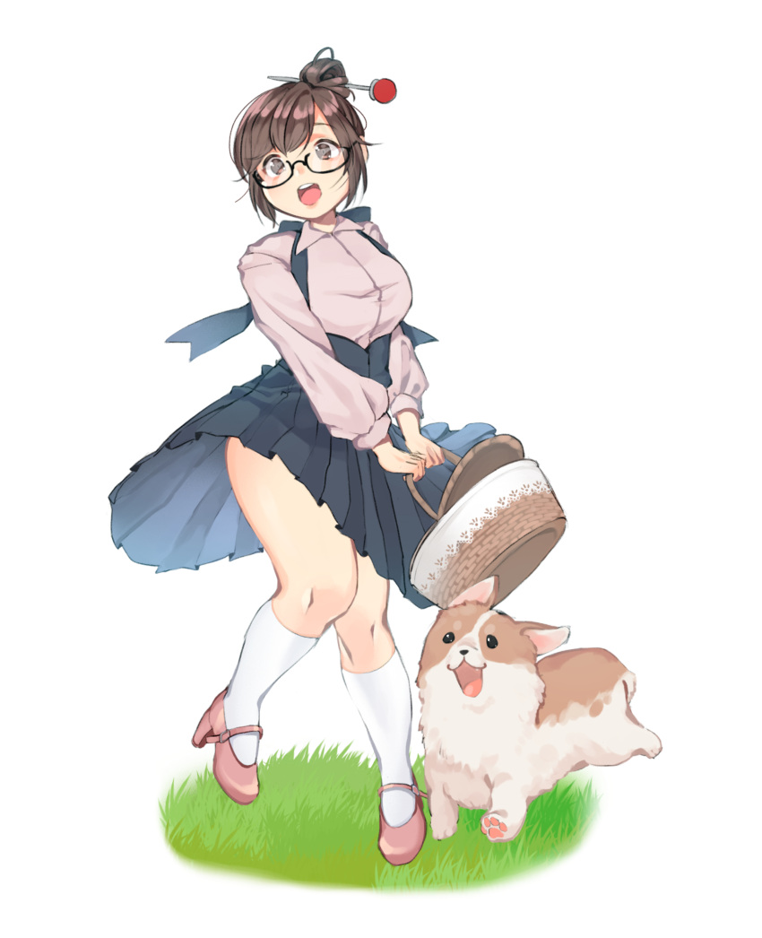 1girl, :d, animal, bangs, bead, black-framed_eyewear, blue_skirt, boots