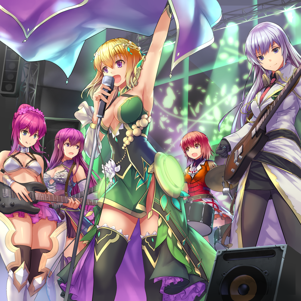 5girls, :d, :q, acacia_(flower_knight_girl), arm_up, armor, armpits, black_gloves, black_legwear, black_skirt, blonde_hair, blue_eyes, breasts, cape, cape_removed, cherry_sage_(flower_knight_girl), cleavage, cowboy_shot, dahlia_(flower_knight_girl), flower, flower_knight_girl, gloves, green_skirt, guitar, hair_bun, hair_flower, hair_ornament, harienju_(flower_knight_girl), holding, holding_instrument, holding_microphone, instrument, long_hair, lupinus_(flower_knight_girl), microphone, miniskirt, multiple_girls, murano_(ursa_polaris), music, necktie, open_mouth, panties, pencil_skirt, pink_hair, playing_instrument, purple_cape, purple_hair, purple_panties, purple_skirt, red_necktie, redhead, short_hair, silver_hair, singing, skirt, smile, thigh-highs, tongue, tongue_out, underwear, violet_eyes, white_coat