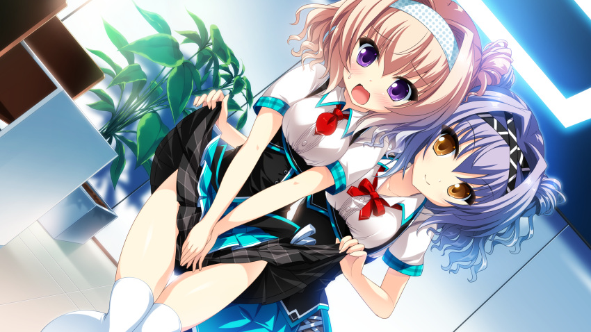 2girls, bangs, blonde_hair, blunt_bangs, blush, cocoro@function!, collarbone, dutch_angle