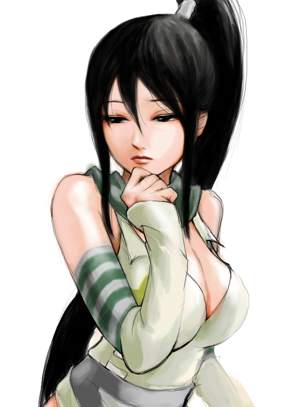 black_hair, breasts, cleavage, detached_sleeves, elbow_gloves, long_hair, nakatsukasa_tsubaki, ninja, ponytail, skirt, sonik, soul_eater, tsubaki_nakatsukasa
