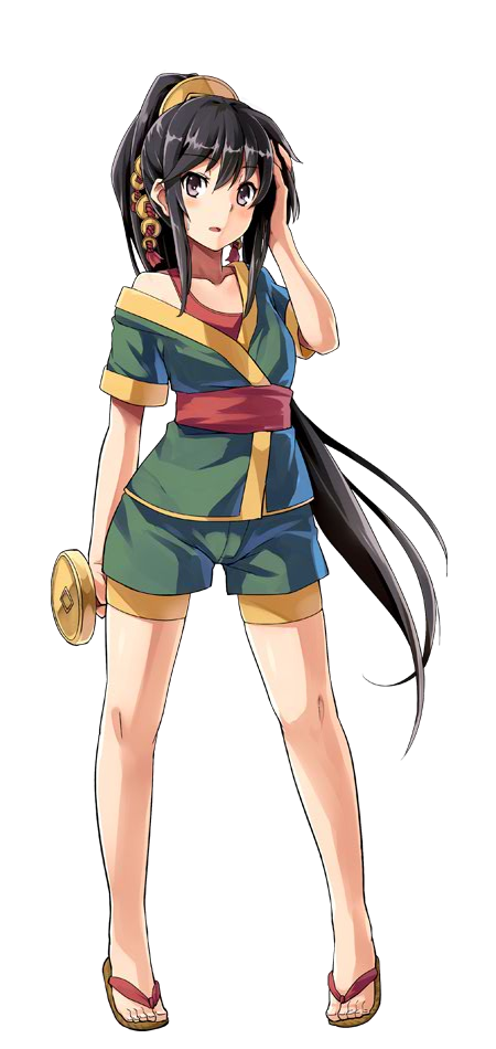 1girl, armor, bare_shoulders, black_hair, coin_hair_ornament, full_body, green_shorts, hair_ornament, hairpin, holding, iwabitsu_(oshiro_project), kekemotsu, long_hair, official_art, oshiro_project, oshiro_project_re, ponytail, short_shorts, shorts, very_long_hair