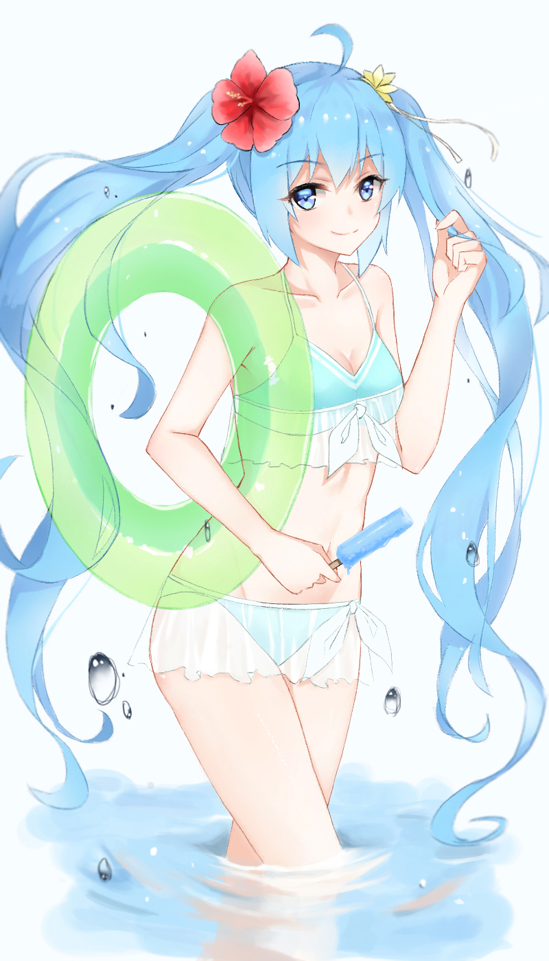 1girl, ahoge, bikini, blue_bikini, blue_eyes, blue_hair, flower, food