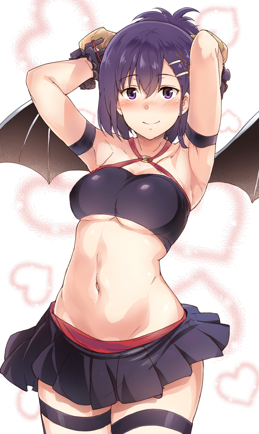1girl, absurdres, armpits, arms_behind_head, arms_up, bangs, black_gloves, blush, breasts, closed_mouth, commentary_request, crop_top, demon_girl, demon_horns, demon_wings, eyebrows_visible_through_hair, frilled_gloves, frills, gabriel_dropout, gloves, hair_between_eyes, hair_tie, hallelujah_essaim, highres, horns, looking_at_viewer, medium_breasts, midriff, navel, o-ring_top, pleated_skirt, purple_hair, simple_background, skirt, smile, solo, standing, stomach, suisen_toire_(moko924), thigh_strap, tsukinose_vignette_april, tying_hair, violet_eyes, wings