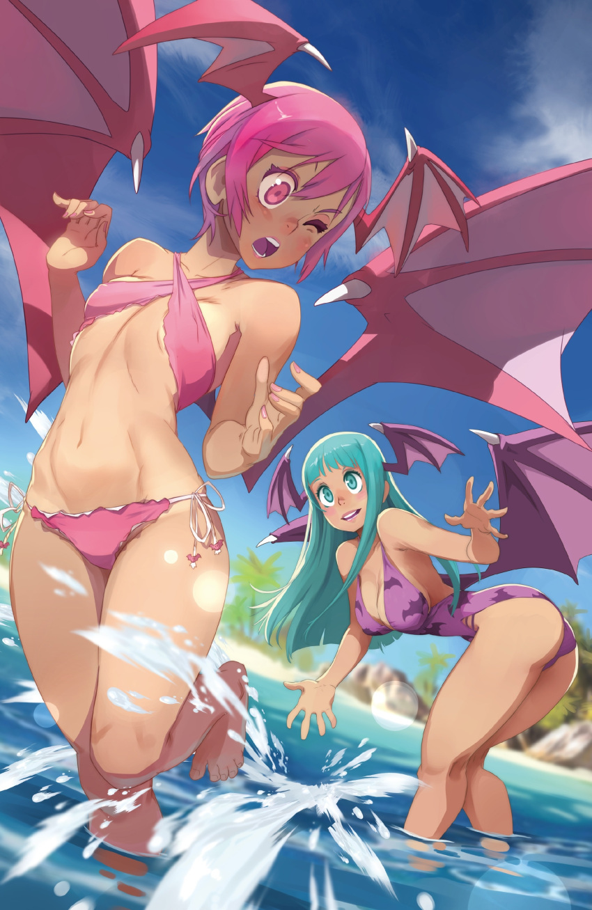 2girls, absurdres, ass, barefoot, bat_wings, beach, bent_over, bikini