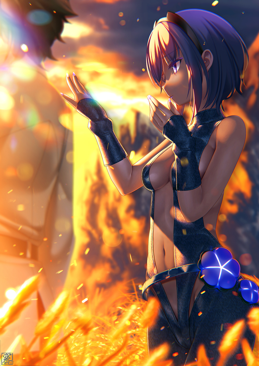 1boy, 1girl, artist_logo, assassin_(fate/prototype_fragments), bangs, bare_shoulders, black_belt, black_bodysuit, black_gloves, black_hair, black_hairband, blurry, bodysuit, breasts, center_opening, closed_mouth, clouds, collarbone, commentary_request, cowboy_shot, dark_skin, depth_of_field, evening, eyebrows_visible_through_hair, fate/grand_order, fate/prototype, fate/prototype:_fragments_of_blue_and_silver, fate_(series), fingerless_gloves, fujimaru_ritsuka_(male), gloves, groin, hairband, halterneck, hands_up, highres, hisoca, lens_flare, lipstick, long_sleeves, looking_at_another, makeup, medium_breasts, mountain, nail_polish, navel, orange_sky, purple_hair, purple_lipstick, purple_nails, revealing_clothes, shirt, short_hair, sky, standing, violet_eyes, wheat, white_shirt