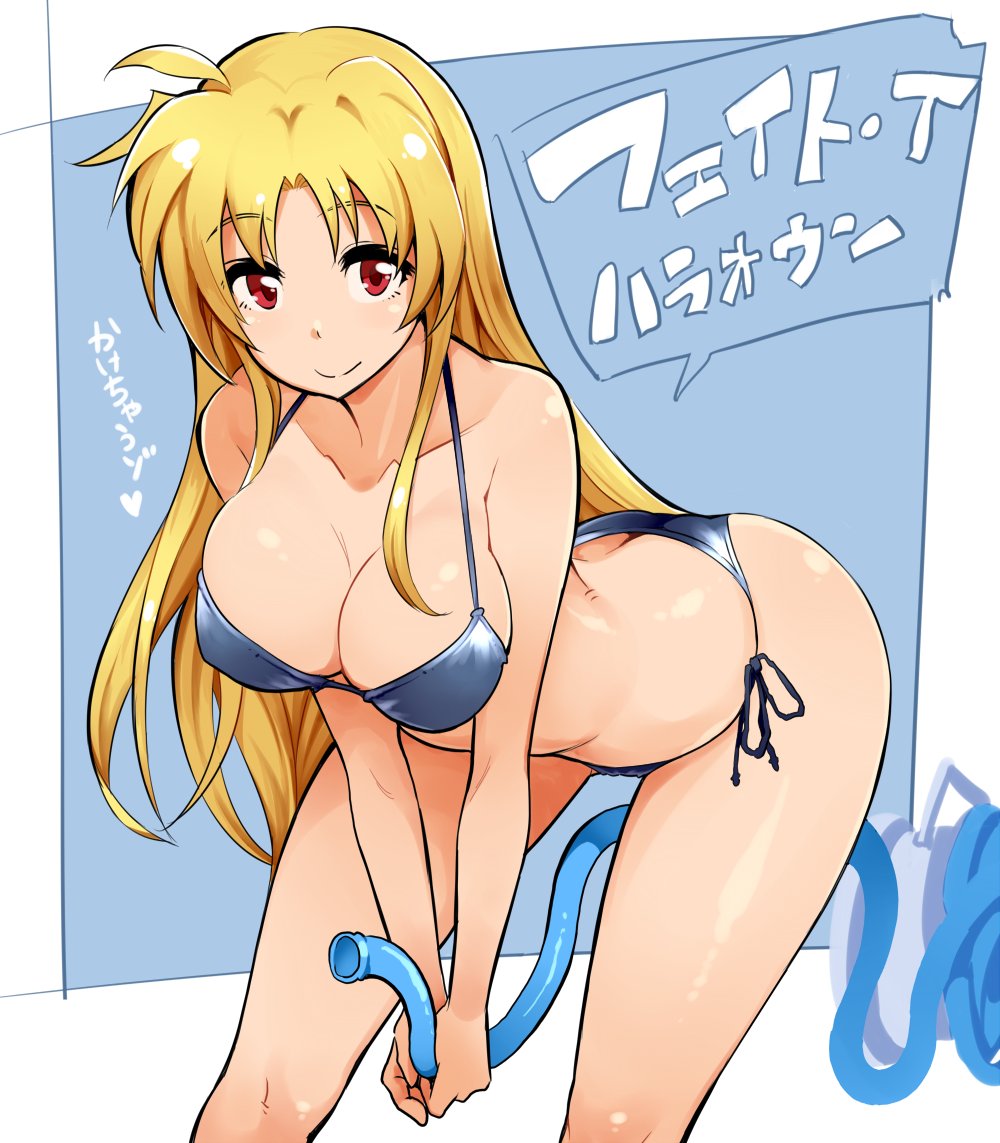 1girl, bare_shoulders, bikini, blonde_hair, blue_background, blue_bikini, breasts, butt_crack
