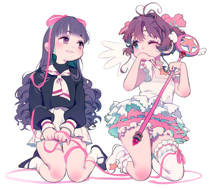 2girls, antenna_hair, asymmetrical_legwear, black_hair, black_serafuku, brown_hair, card_captor_sakura, daidouji_tomoyo