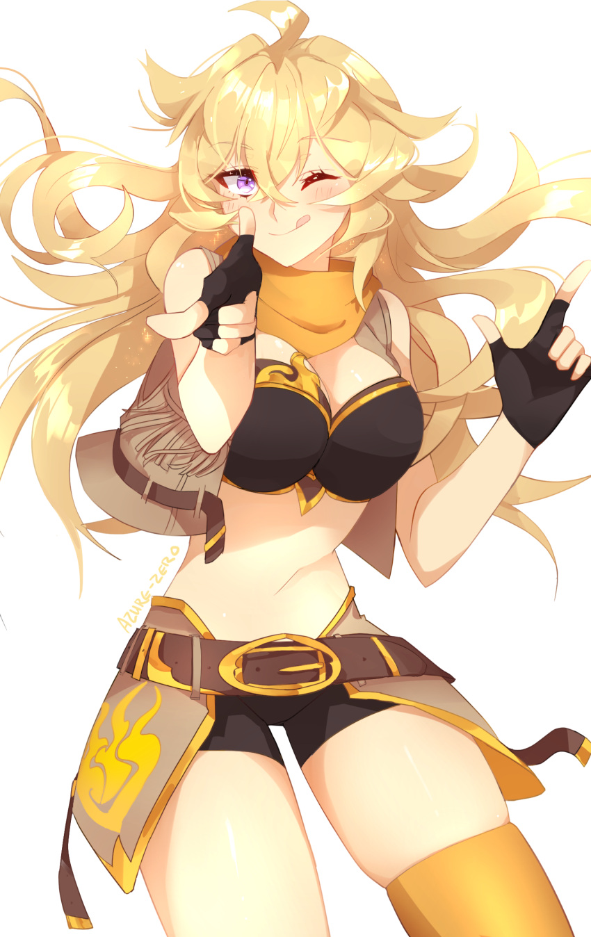 1girl, azure-zer0, bandanna, belt_buckle, blonde_hair, breasts, buckle, cleavage