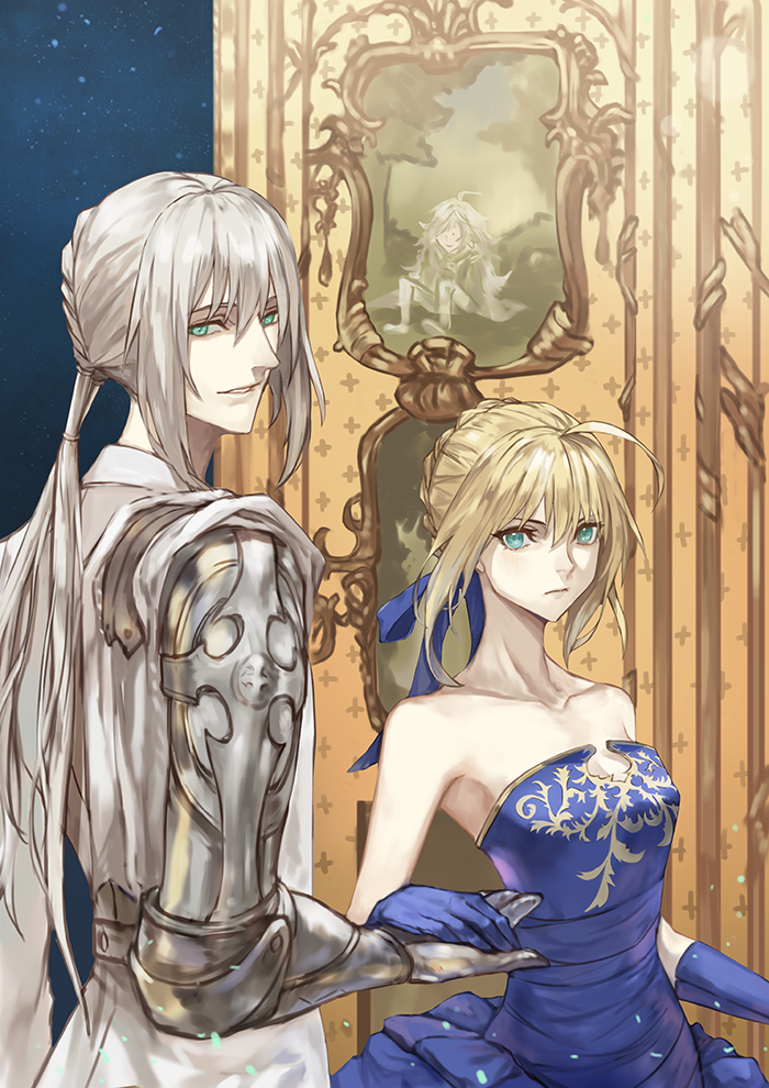 1boy, 1girl, ahoge, bare_shoulders, bedivere_(fate/grand_order), blonde_hair, blue_dress, blue_ribbon, blush, braid, dress, fate/grand_order, fate/stay_night, fate_(series), french_braid, gloves, green_eyes, hair_ribbon, hand_holding, long_hair, looking_at_viewer, ponytail, prosthesis, prosthetic_arm, ribbon, saber, white_hair, yepnean