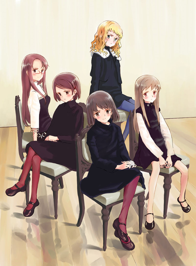 asahina_kyouko, blonde_hair, brown_hair, glasses, harada_akari, kita_e, kitano_suomi, mocha, pantyhose, shiraishi_karin, shiroishi_karin, sitting