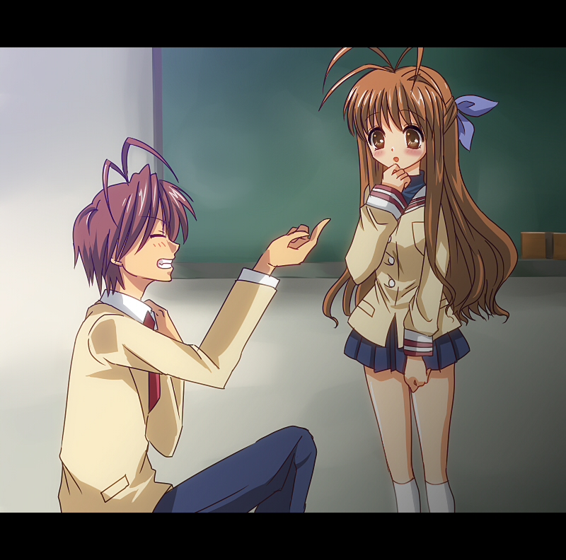 1girl, bad_id, blush, chalkboard, clannad, classroom_eraser, freckle, furekuru_(freckle)
